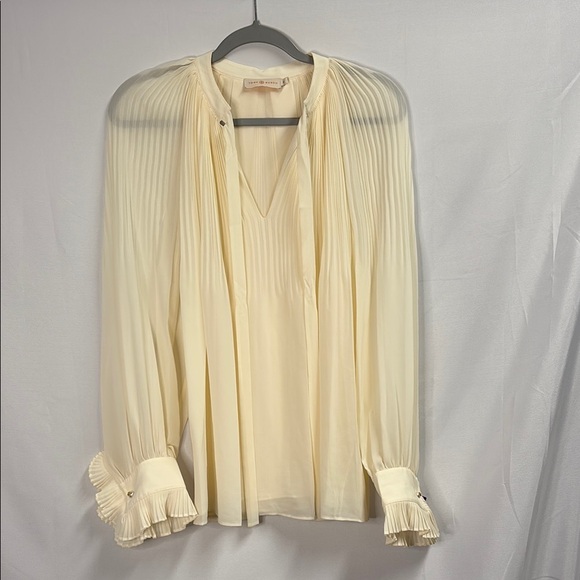 Tory Burch Meryl Pleated Chiffon French Cuff Blouse Ivory Size Medium - Picture 4 of 9